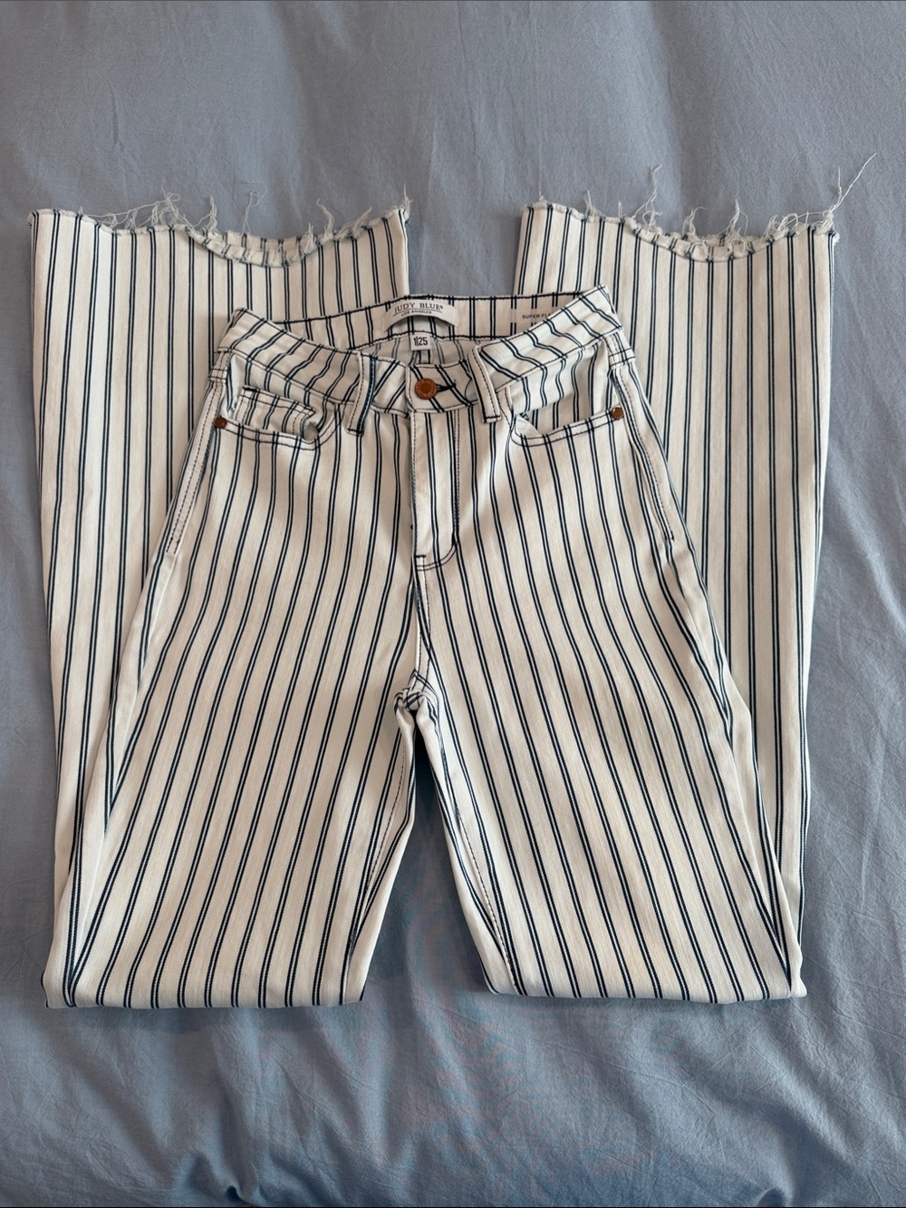 Judy Blue White Jeans with Navy Pinstripes - Flare